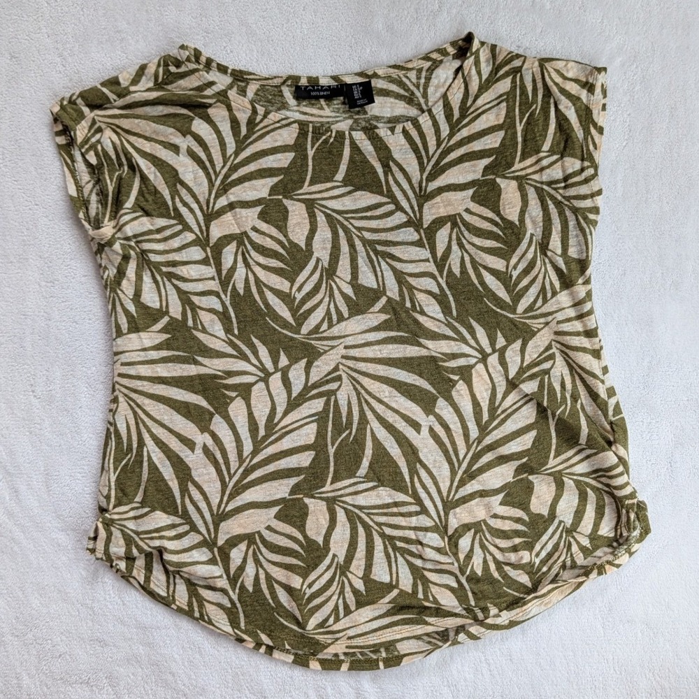 Tahari 100% Linen Palm Leaf Print Cap Sleeve Top Green Cream Size S